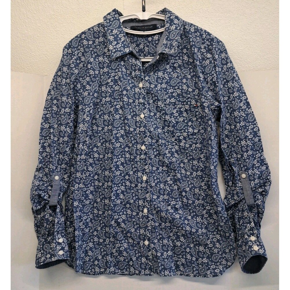 Tommy Hilfiger Women's M Blue White Floral Paisley Button Front Tab Sleeves